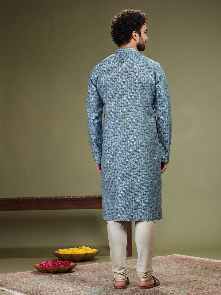 Blue Kurta with Jacquard's fabric and Chudidar. - KORANM