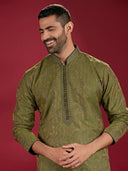 Green Jacquard Rubelli Silk Men's Kurta Set Paired with a Olive Chudidar.