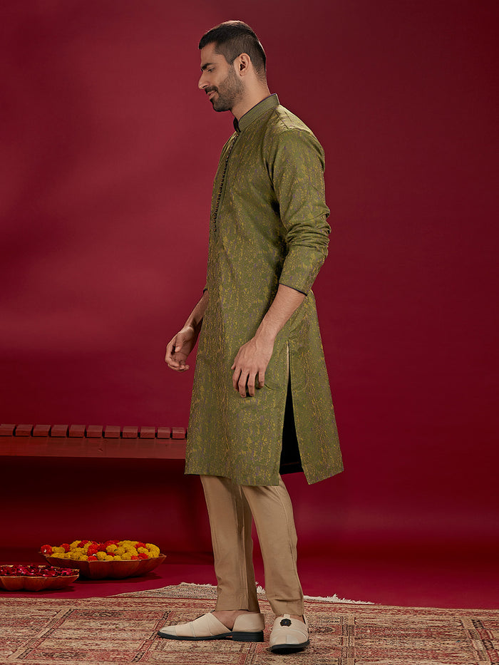 Green Jacquard Rubelli Silk Men's Kurta Set Paired with a Olive Chudidar.