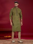 Green Jacquard Rubelli Silk Men's Kurta Set Paired with a Olive Chudidar.