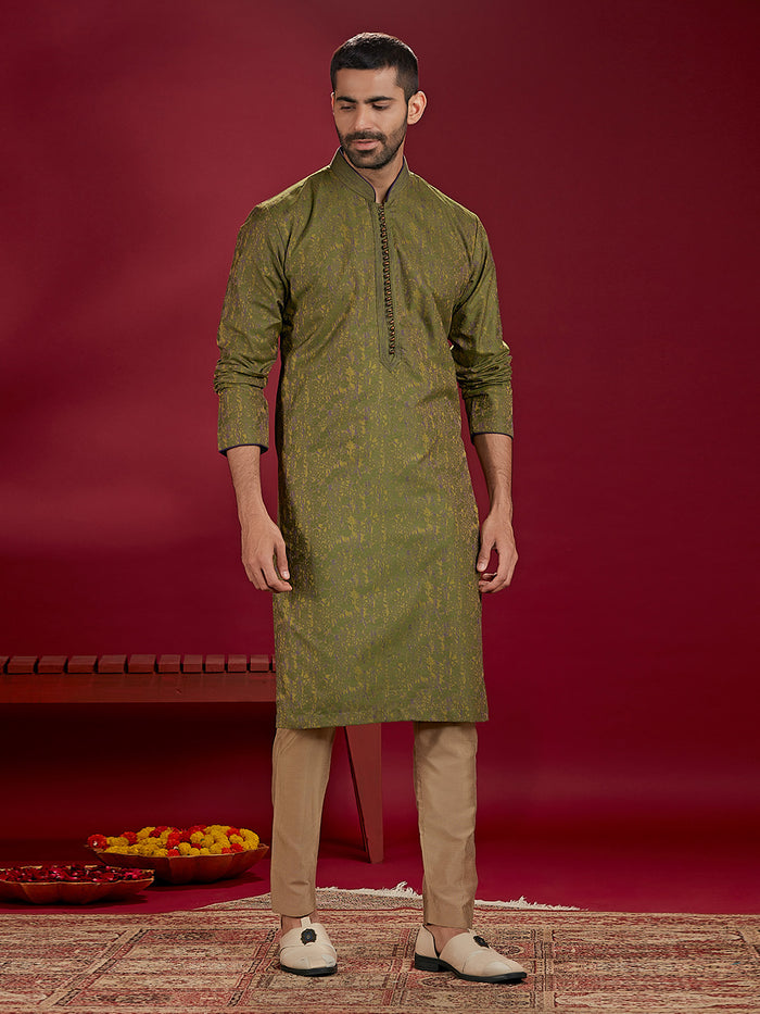 Green Jacquard Rubelli Silk Men's Kurta Set Paired with a Olive Chudidar.