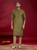 Green Jacquard Rubelli Silk Men's Kurta Set Paired with a Olive Chudidar.