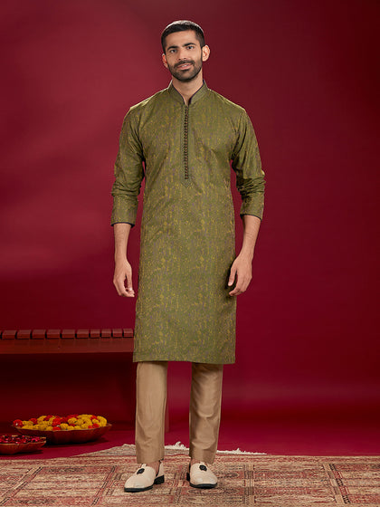 Olive Jacquard Rubelli Silk Men's Kurta Set Paired with a Olive Chudidar.
