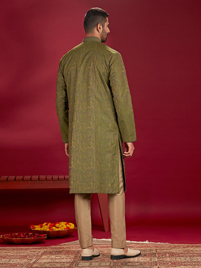 Green Jacquard Rubelli Silk Men's Kurta Set Paired with a Olive Chudidar.