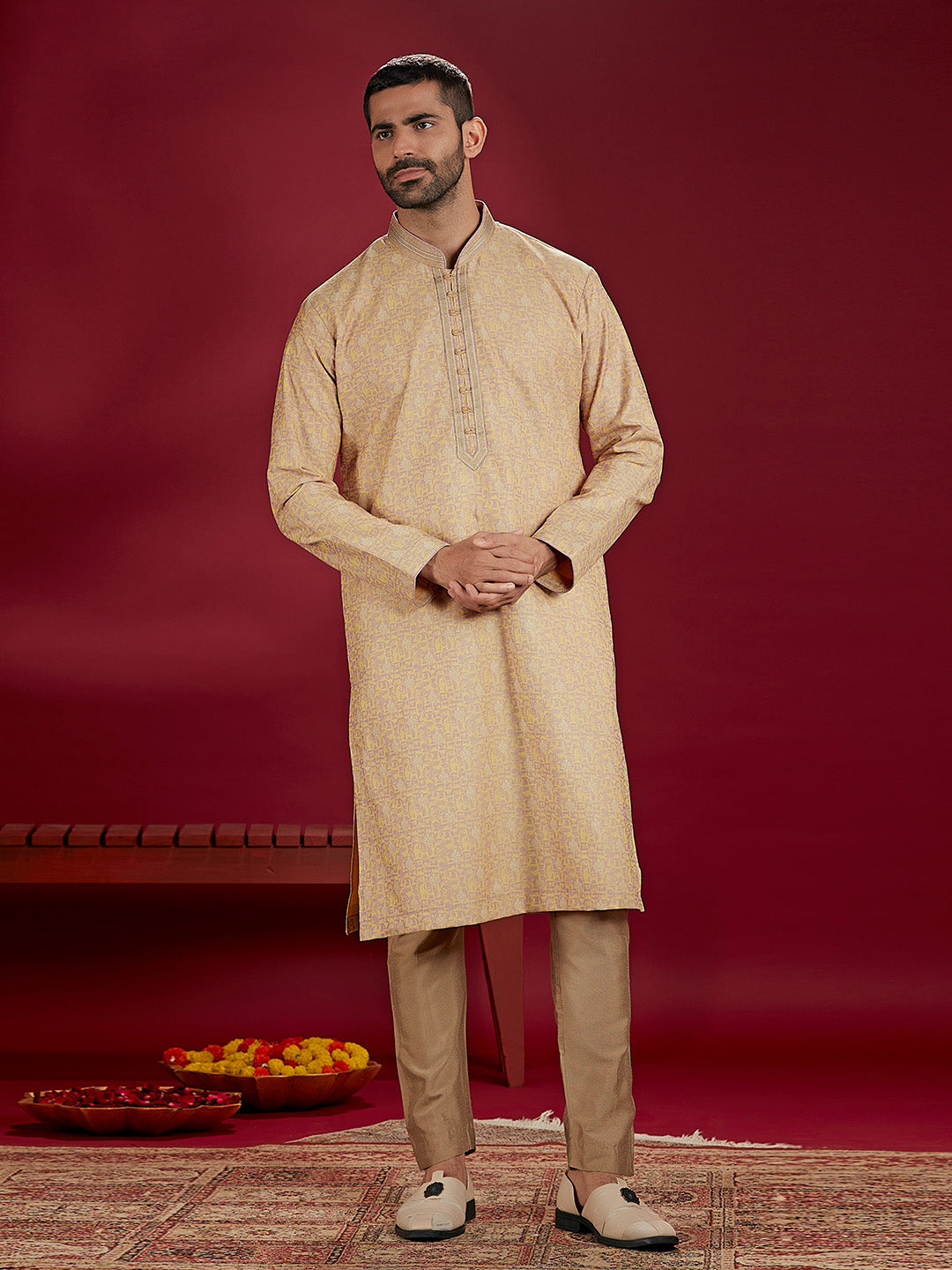 Olive Jacquard Rubelli Kurta Paired with an Olive Colour Chudidar.