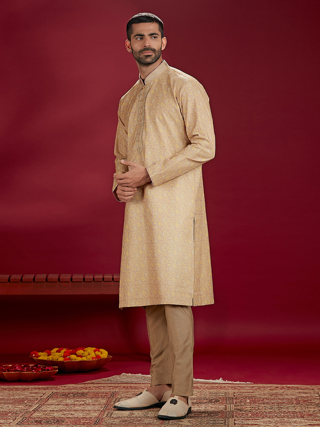 Olive Jacquard Rubelli Kurta Paired with an Olive Colour Chudidar.