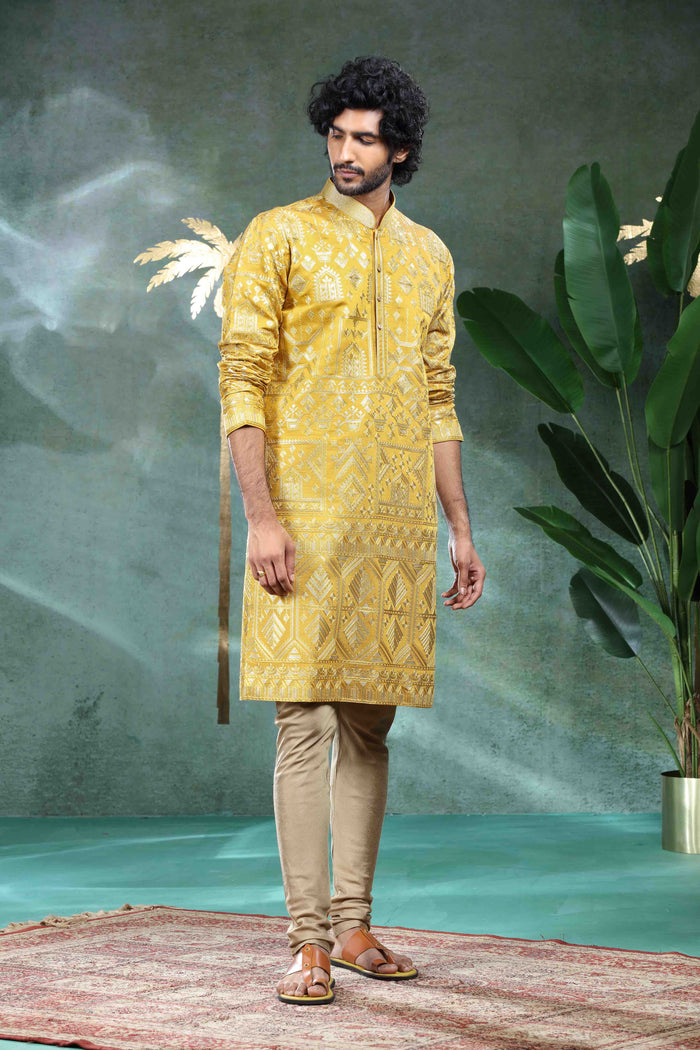 Mustard Yellow Teejh Silk Embroidered Kurta Set