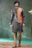Dark Grey Tussar Silk Embroidered Kurta Set