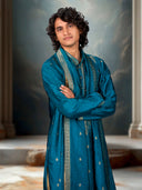 Rama Blue Jacquard Silk Kurta Set with Embroidered Elegance