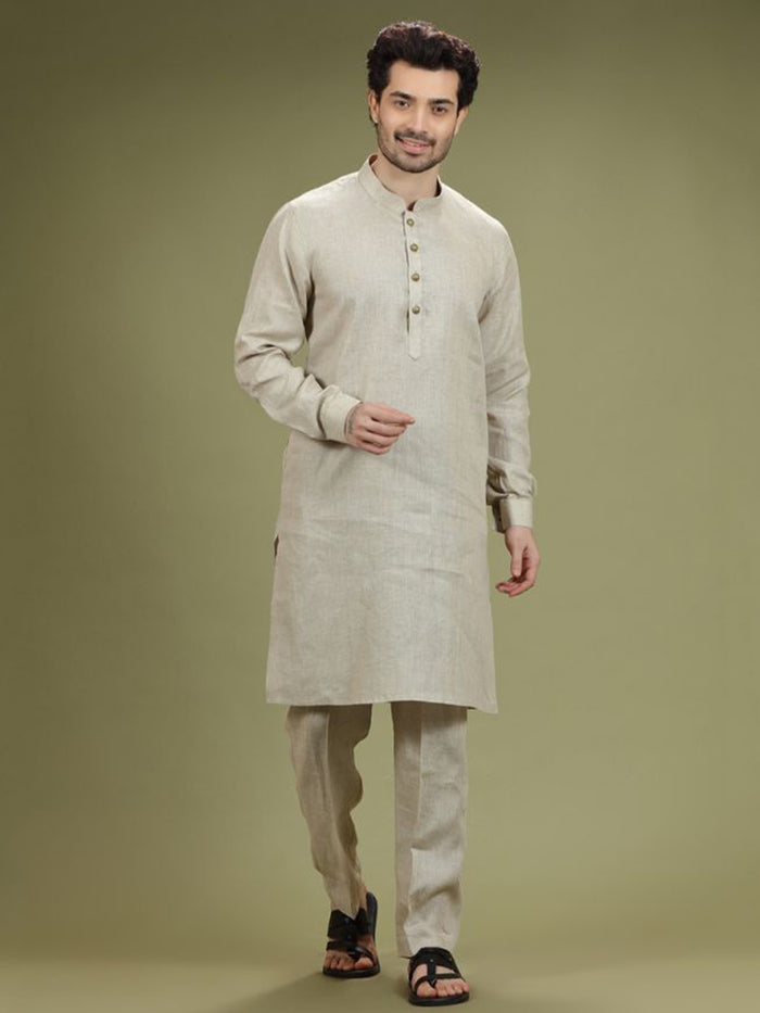 Natural Beige Casual Linen Kurta Set - KORANM
