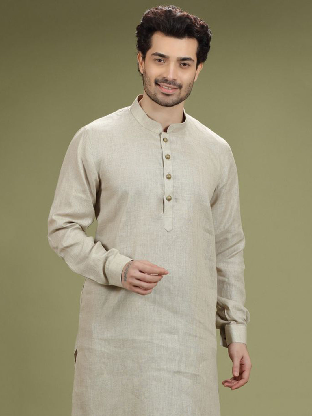 Natural Beige Casual Linen Kurta Set - KORANM