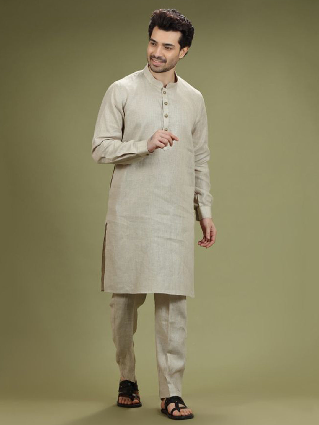 Natural Beige Casual Linen Kurta Set