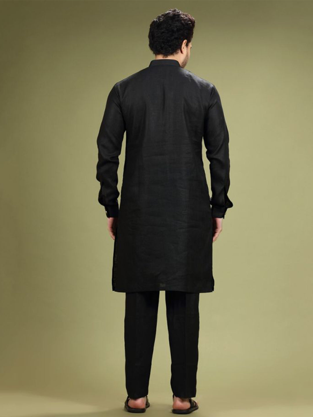 Jet Black Linen Casual Kurta Set - KORANM