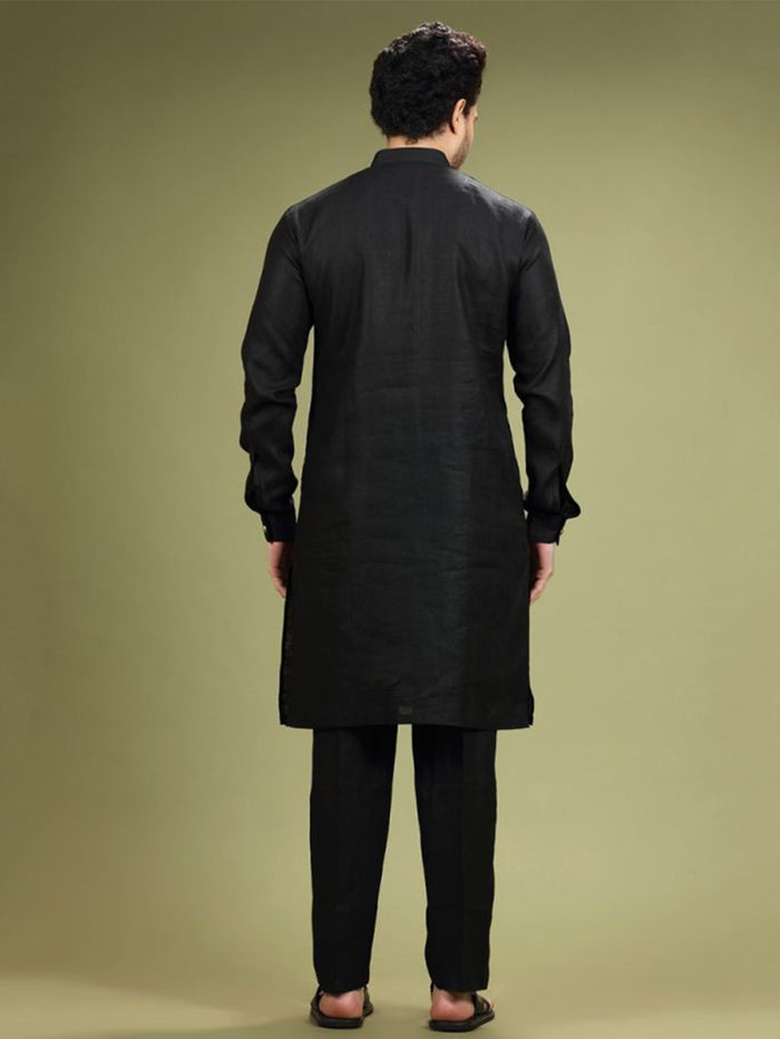 Jet Black Linen Casual Kurta Set - KORANM