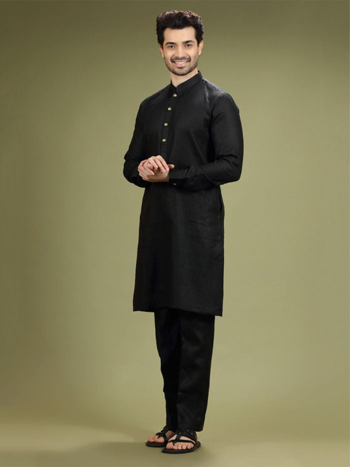 Jet Black Linen Casual Kurta Set - KORANM