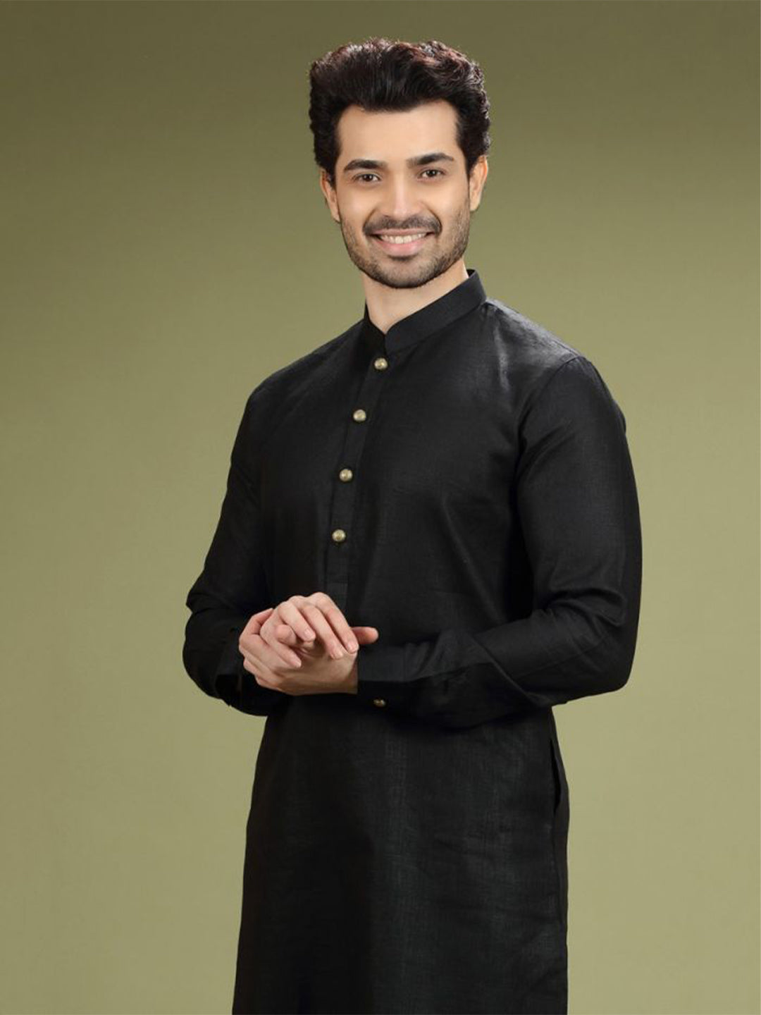 Jet Black Linen Casual Kurta Set - KORANM