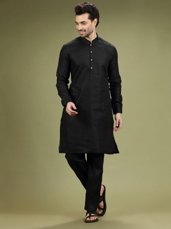 Jet Black Linen Casual Kurta Set