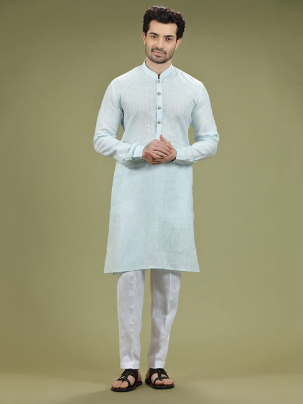 Pastel Sky Blue Casual Linen Kurta Set