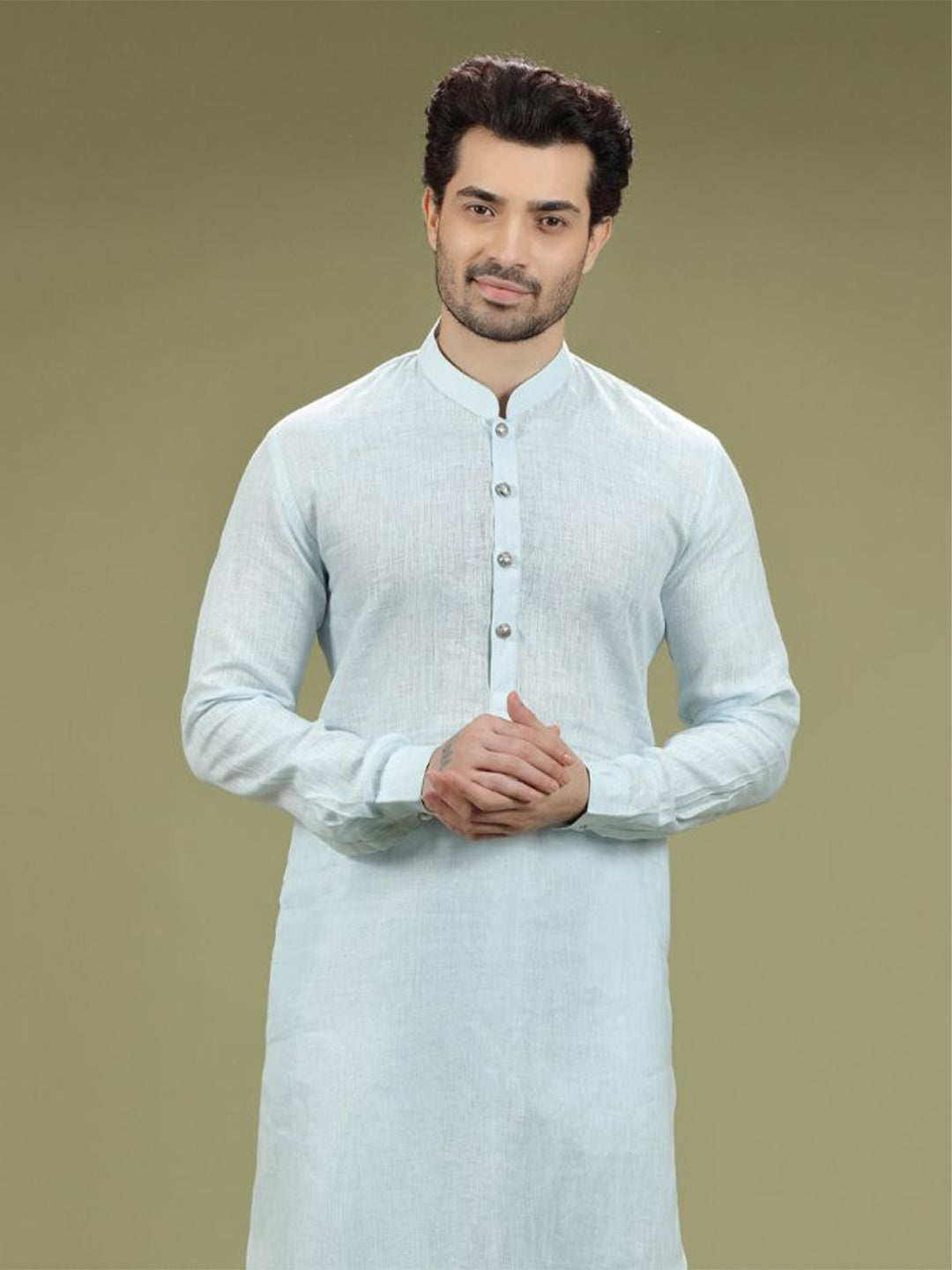 Pastel Sky Blue Casual Linen Kurta Set - KORANM
