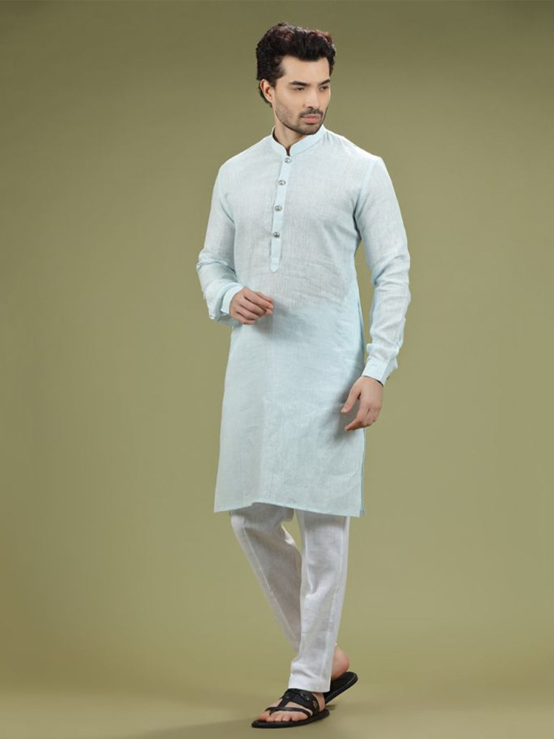 Pastel Sky Blue Casual Linen Kurta Set - KORANM