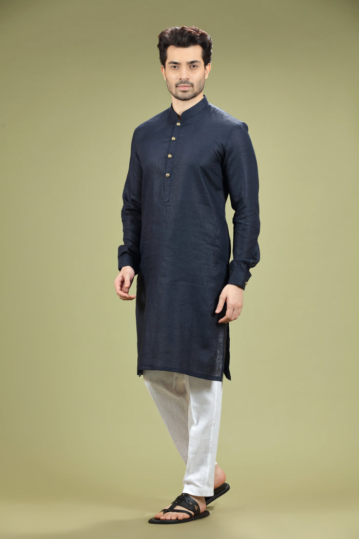 Cosmic Navy Casual Linen Kurta Set - KORANM