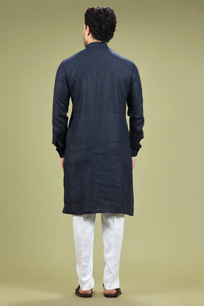Cosmic Navy Casual Linen Kurta Set - KORANM
