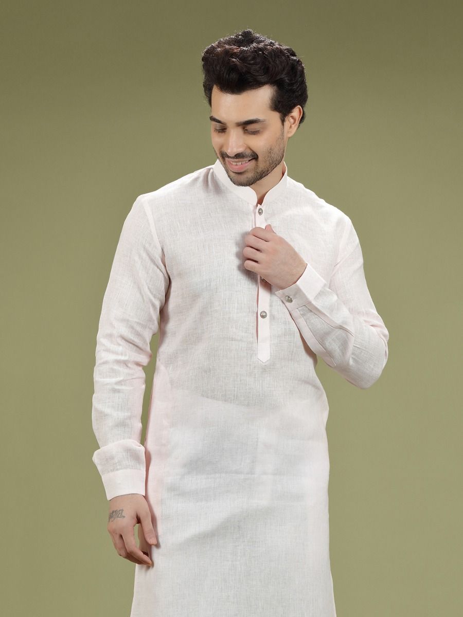 Powder Pastel Pink Cotton Linen Kurta Set - KORANM