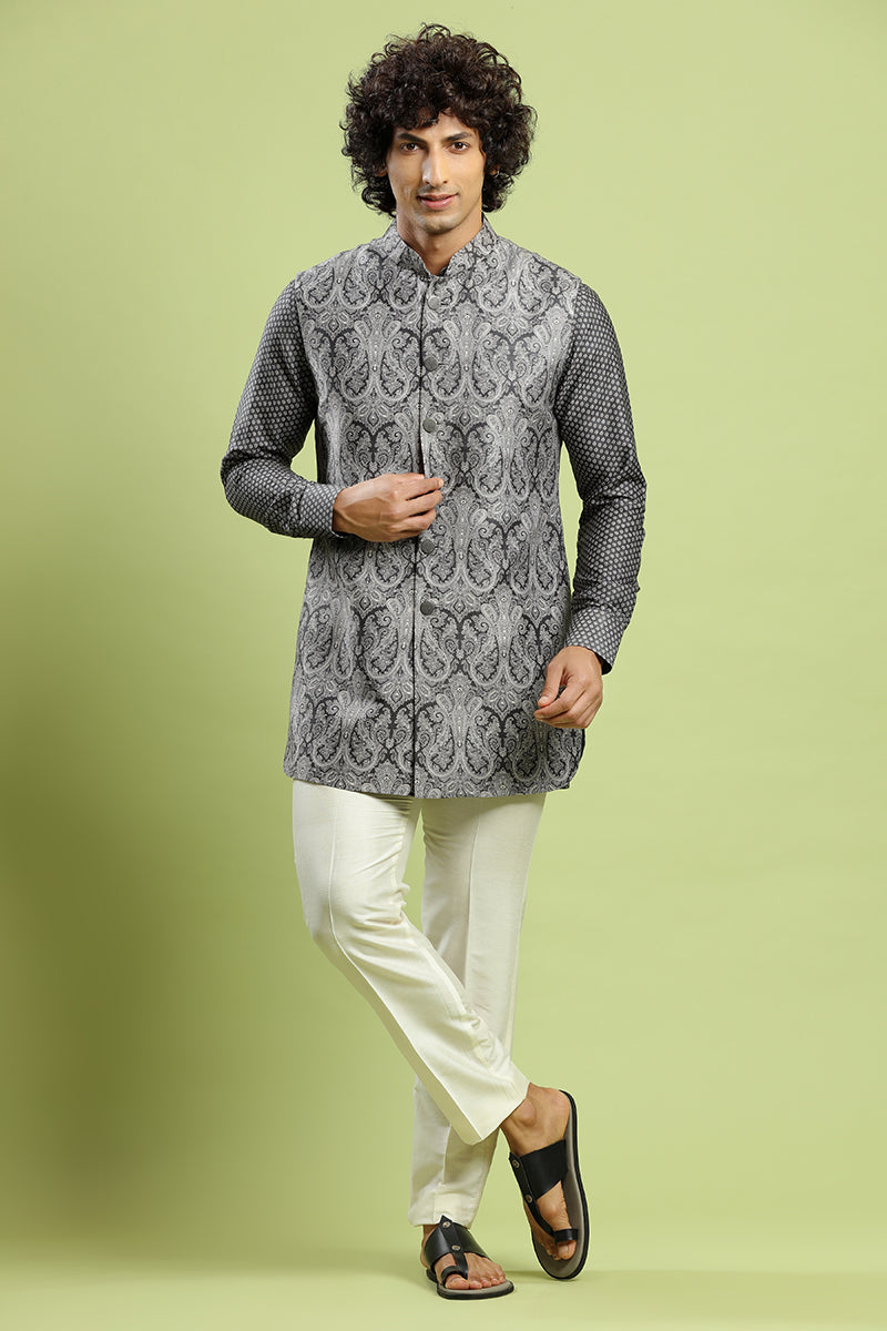 Charcoal Black Kurta With Paisley Print Bandi Jacket Set