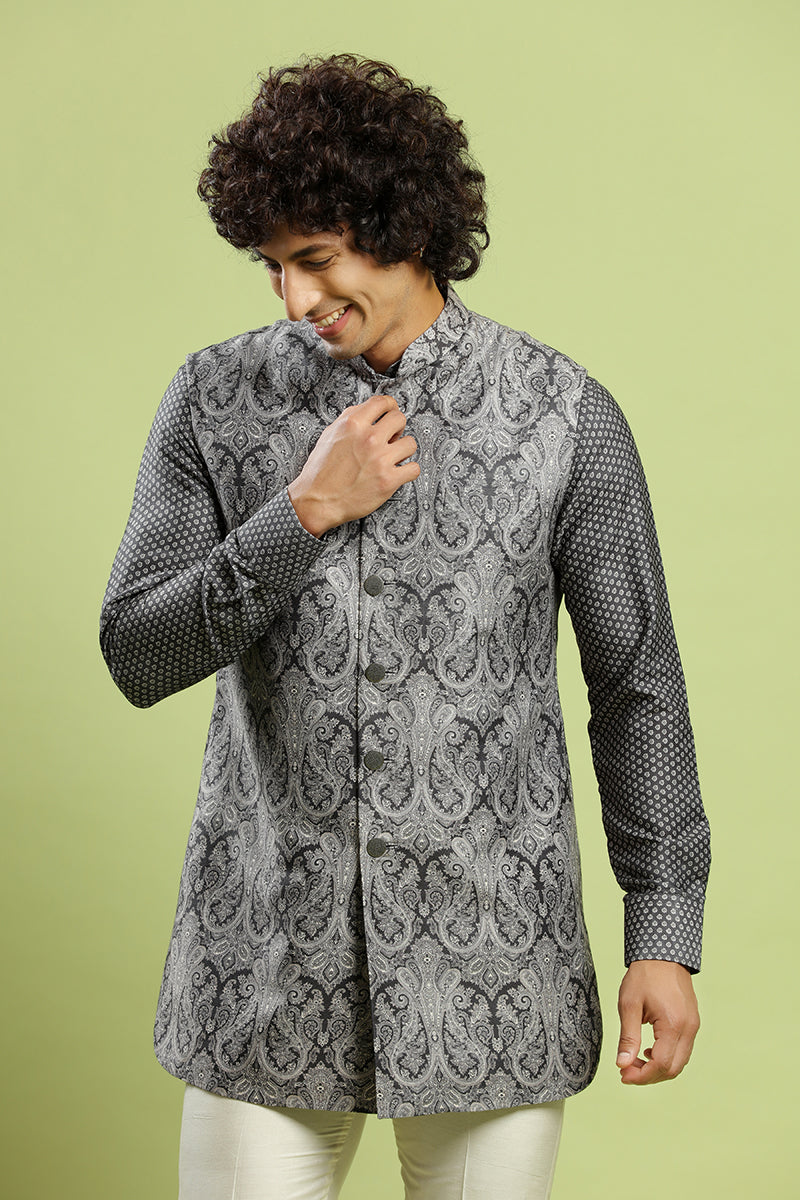 Charcoal Black Kurta With Paisley Print Bandi Jacket Set - KORANM