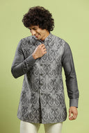 Charcoal Black Kurta With Paisley Print Bandi Jacket Set - KORANM