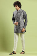 Charcoal Black Kurta With Paisley Print Bandi Jacket Set - KORANM