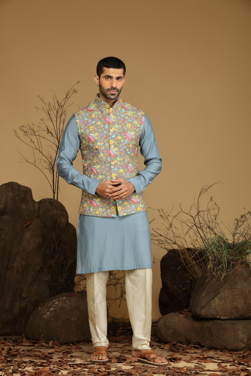 Flint Blueish Grey Kurta Set With Multicolor Embroidered Bundi Jacket