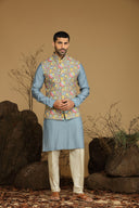 Flint Blueish Grey Kurta Set With Multicolor Embroidered Bundi Jacket