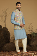 Flint Blueish Grey Kurta Set With Multicolor Embroidered Bundi Jacket