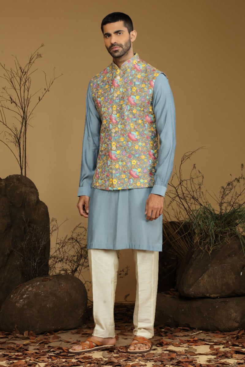 Flint Blueish Grey Kurta Set With Multicolor Embroidered Bundi Jacket