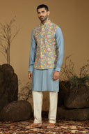 Flint Blueish Grey Kurta Set With Multicolor Embroidered Bundi Jacket