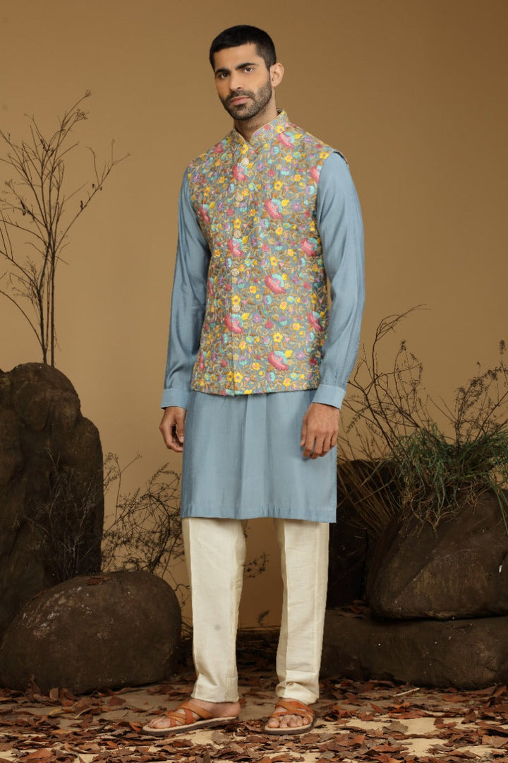 Flint Blueish Grey Kurta Set With Multicolor Embroidered Bundi Jacket