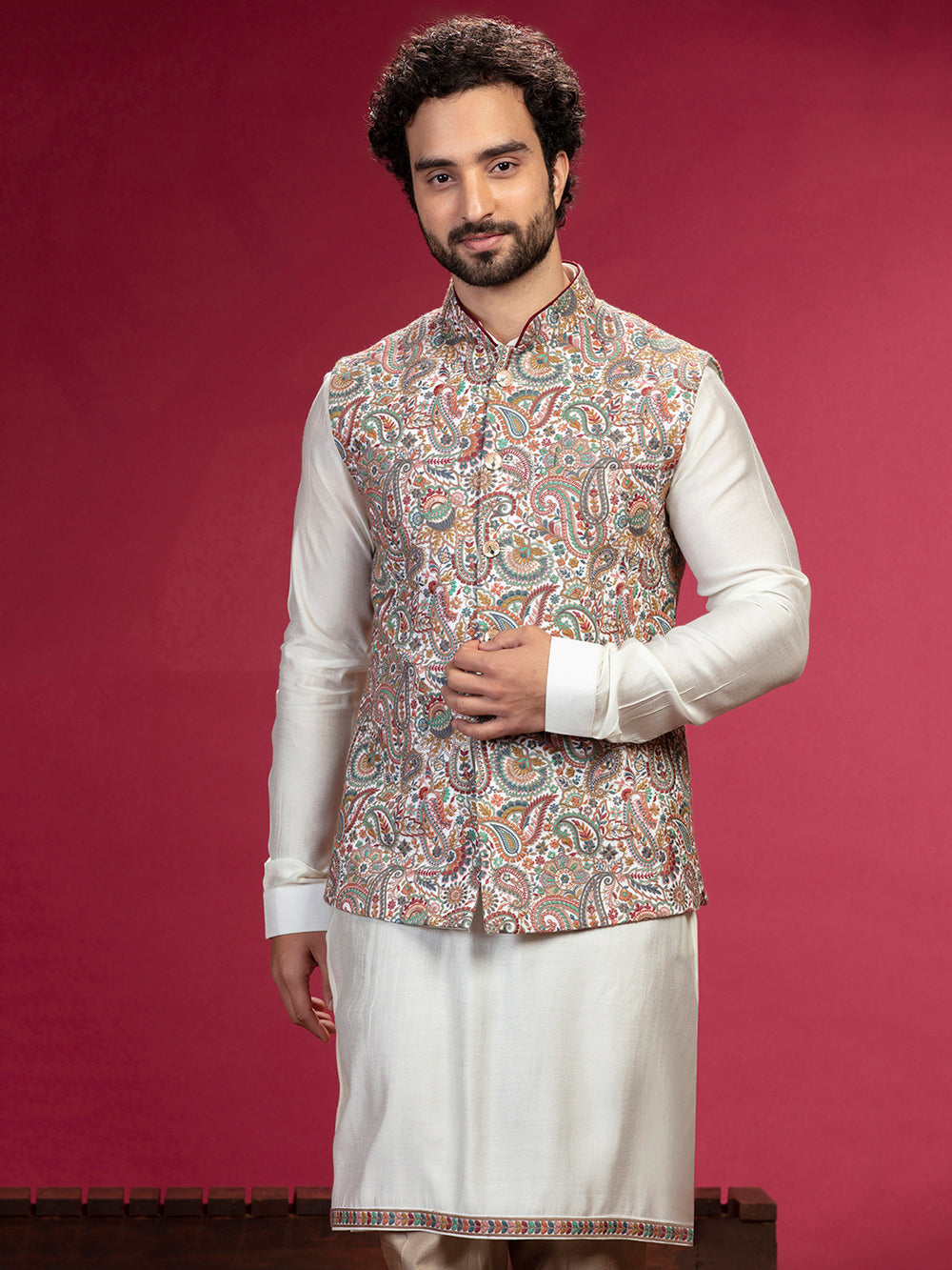 Kurta with Kashmiri works on Bundi and Aligadi pants. - KORANM