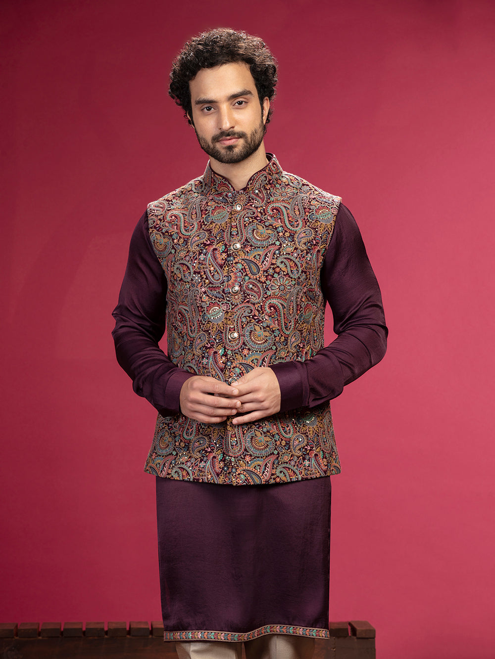 Kurta with Kashmiri works on Bundi and Aligadi pants. - KORANM