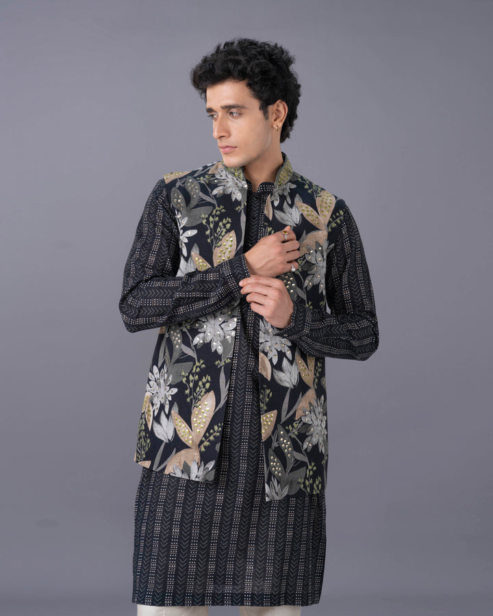 Black Silk Kurta Jacket Set with Printed & Embroidered Alighari