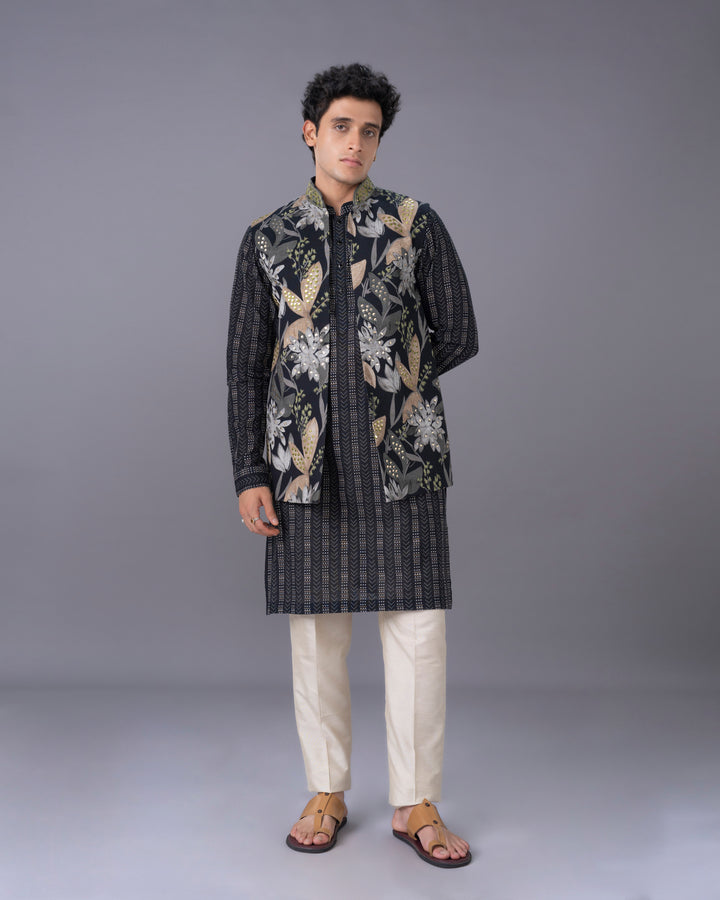 Black Silk Kurta Jacket Set with Printed & Embroidered Alighari
