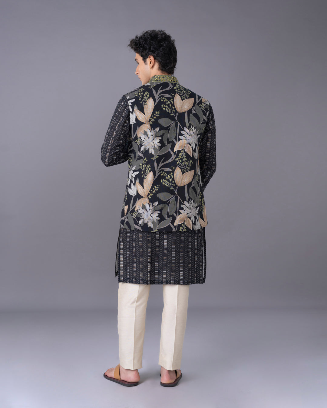 Black Silk Kurta Jacket Set with Printed & Embroidered Alighari