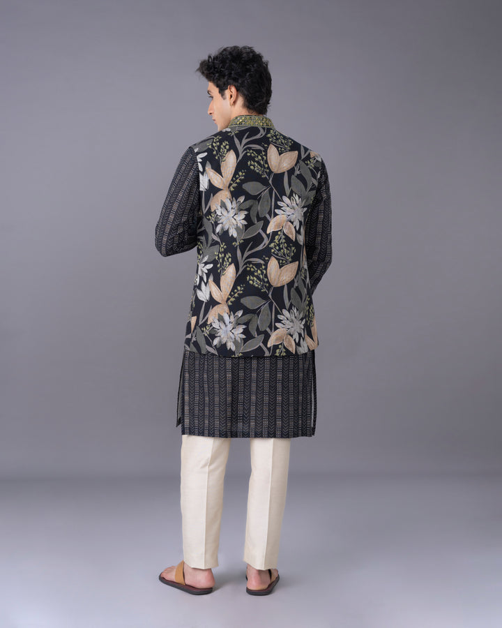 Black Silk Kurta Jacket Set with Printed & Embroidered Alighari