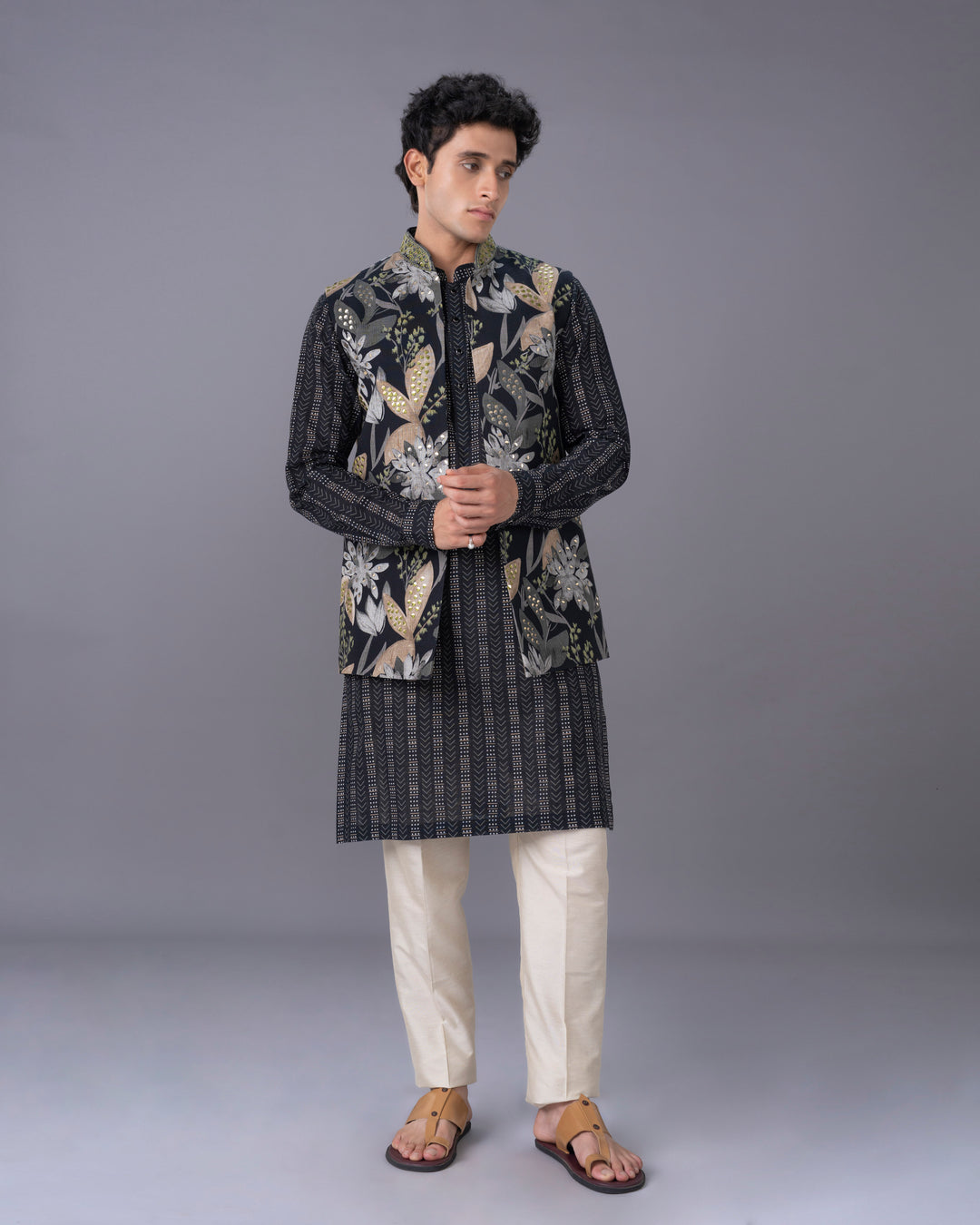 Black Silk Kurta Jacket Set with Printed & Embroidered Alighari
