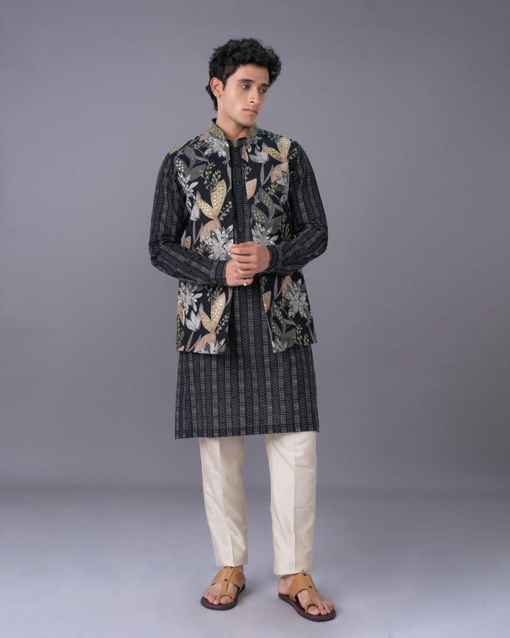 Black Silk Kurta Jacket Set with Printed & Embroidered Alighari