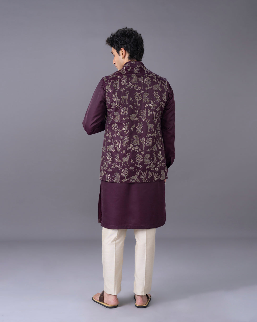 Wine Kurta Jacket Set with Alighari Bottom