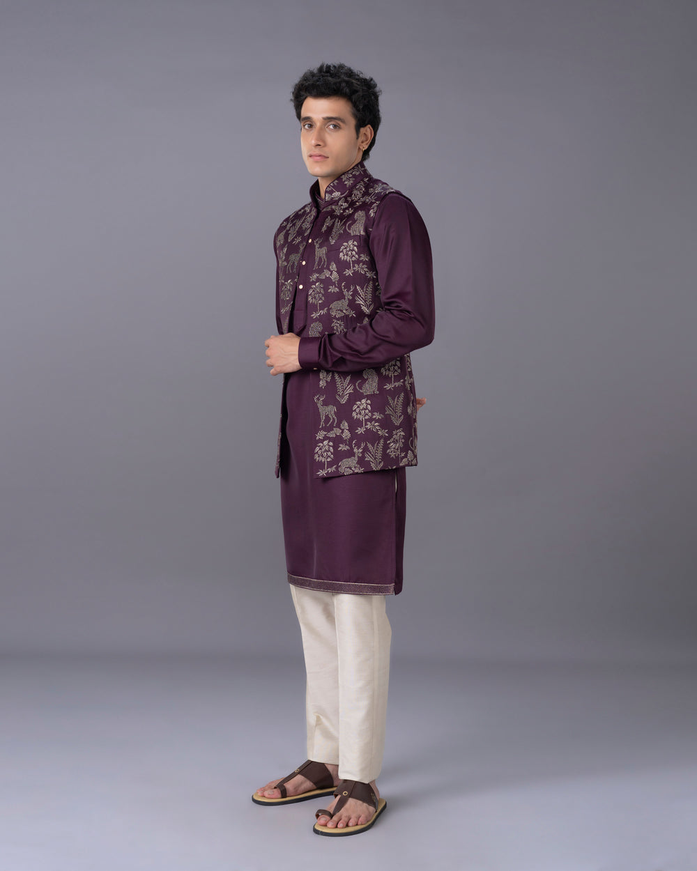 Wine Kurta Jacket Set with Alighari Bottom