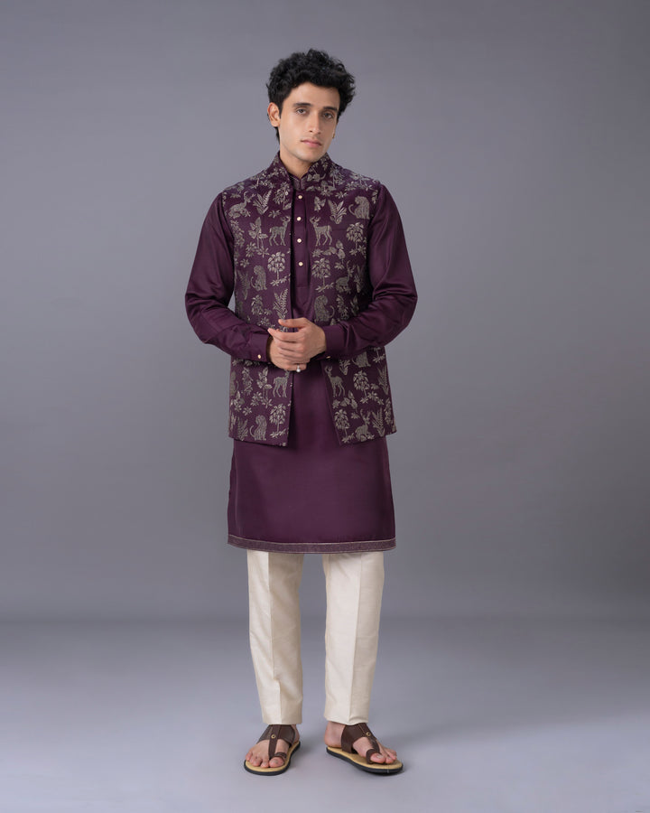 Wine Kurta Jacket Set with Alighari Bottom