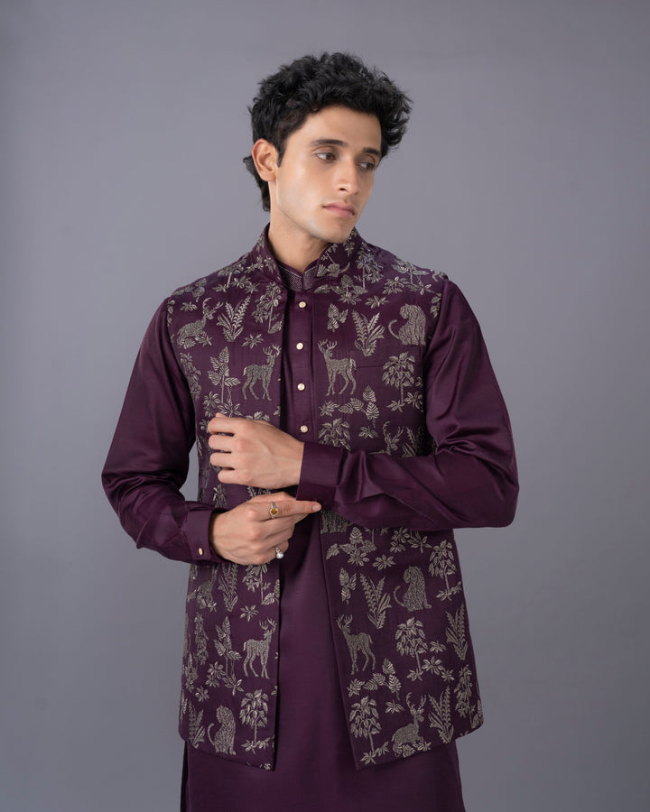 Wine Kurta Jacket Set with Alighari Bottom