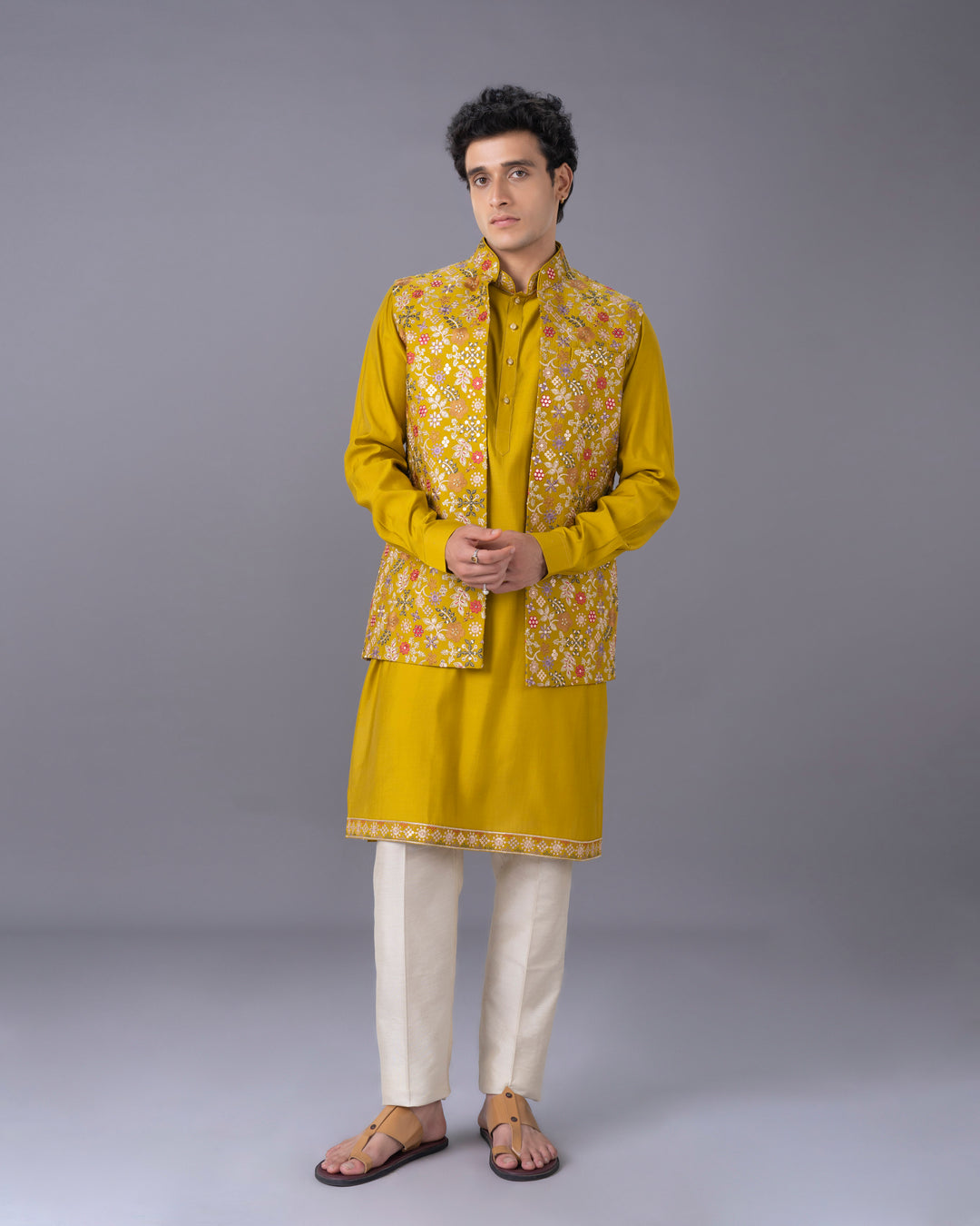 Mustard Silk Kurta Jacket Set with Alighari Bottom
